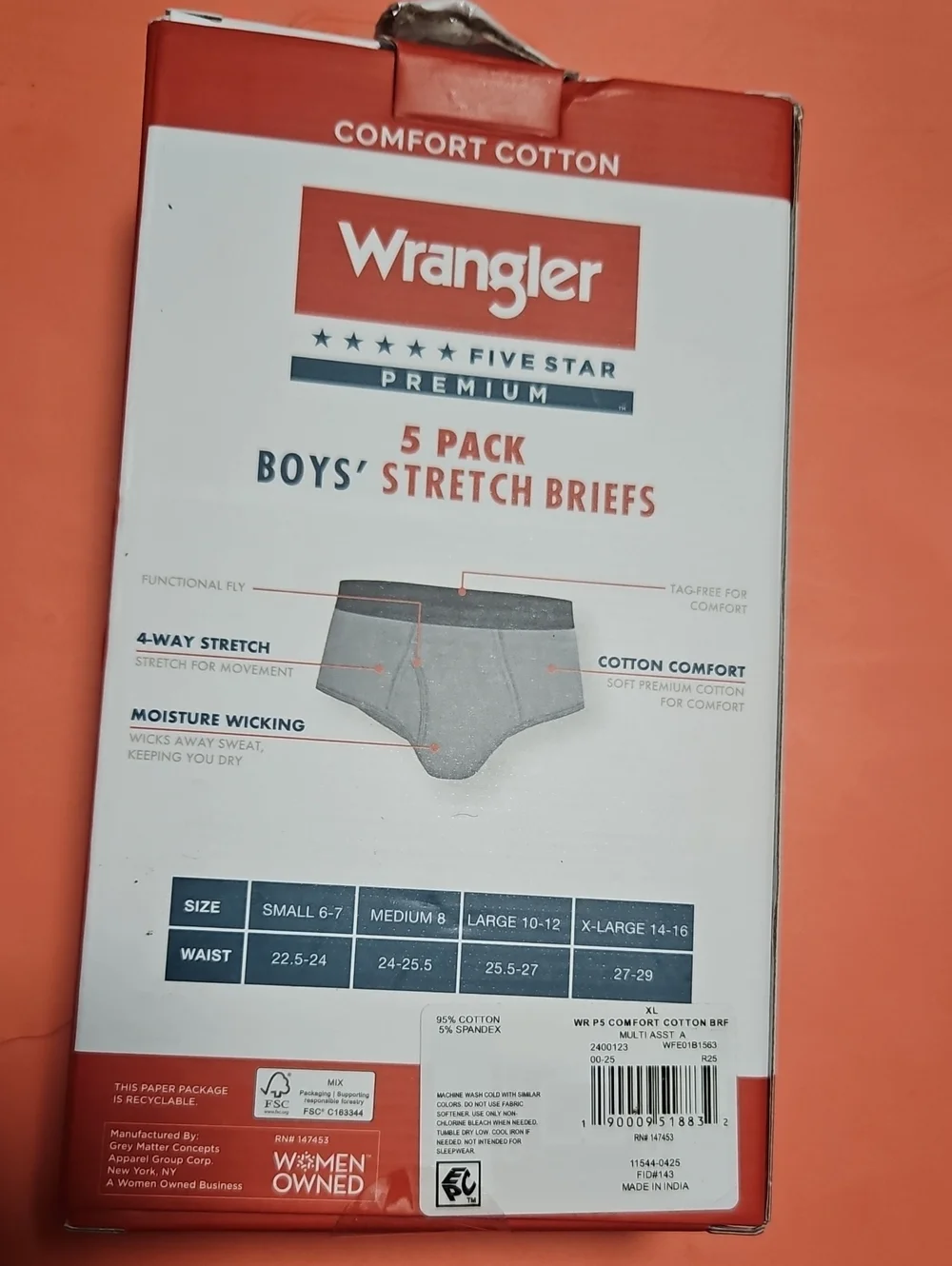 Wrangler Boys' Cotton Briefs: 5 Pair Pack: New In Box: Size XL